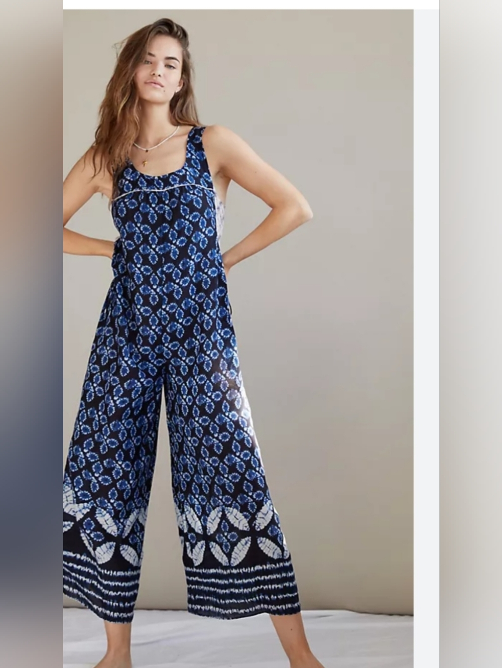 Anthropologie Blue and White Sleeveless Printed Wide-Leg Jumpsuit